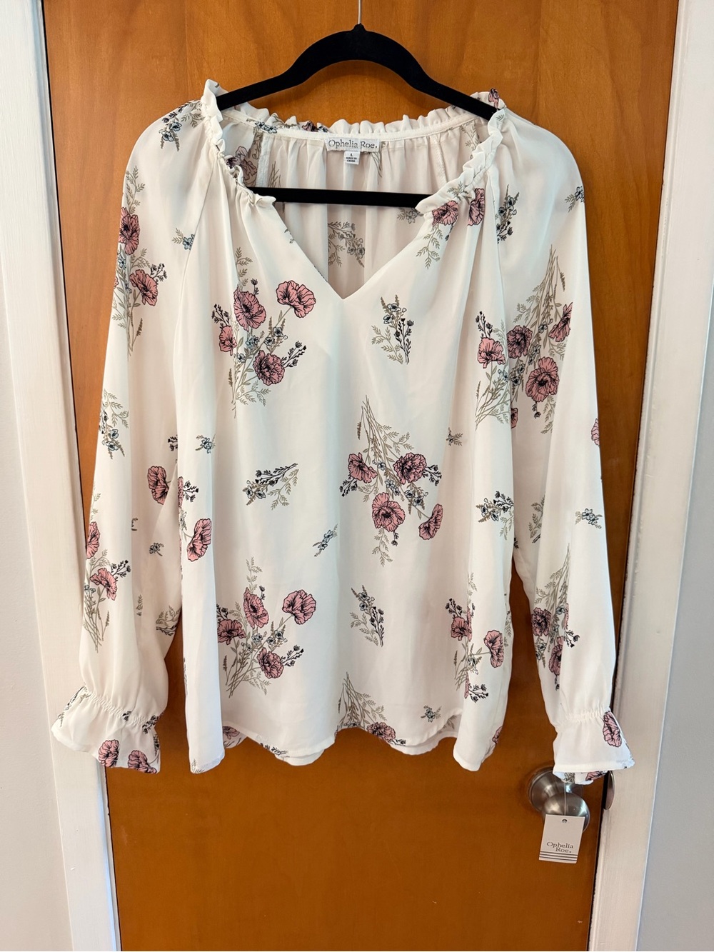 Ophelia Rose Cream Floral V‑Neck Peasant Blouse